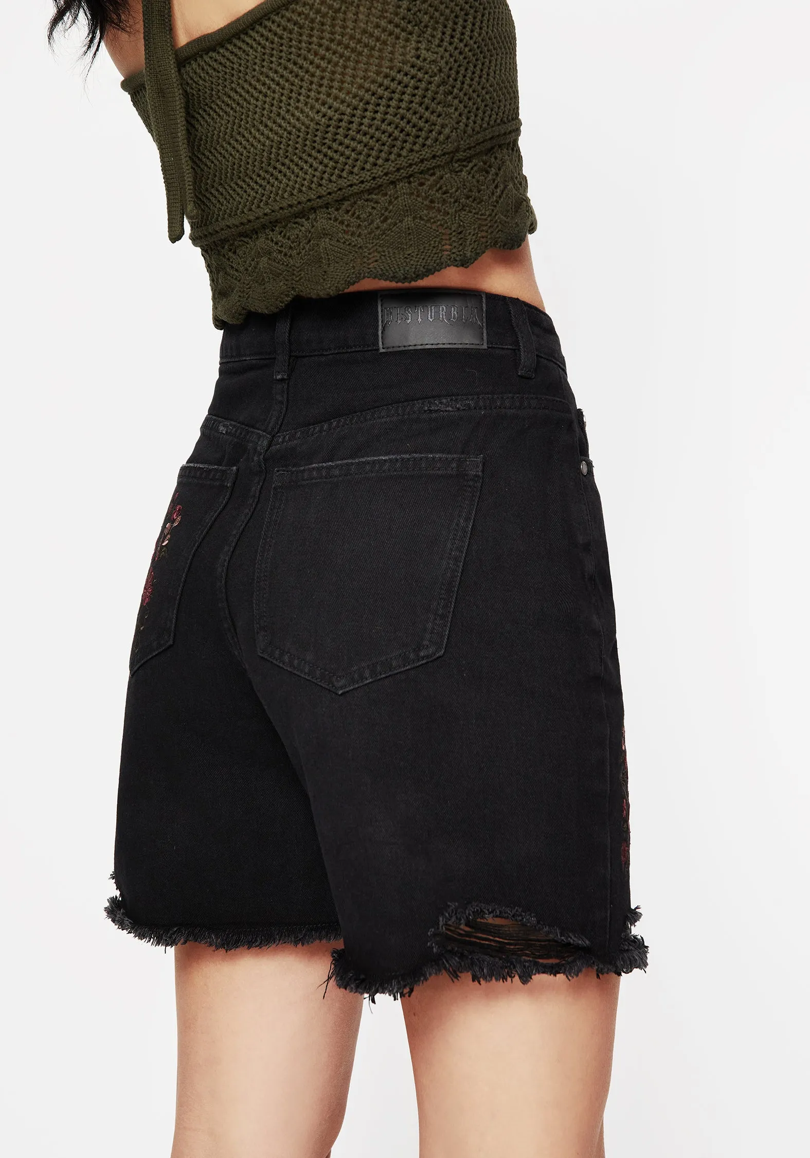sweater Hand washable Aster Floral Embroidered Mid Length Denim Shorts