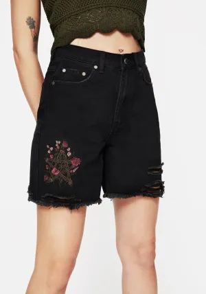 Quick Access Cargo Pockets Aster Floral Embroidered Mid Length Denim Shorts