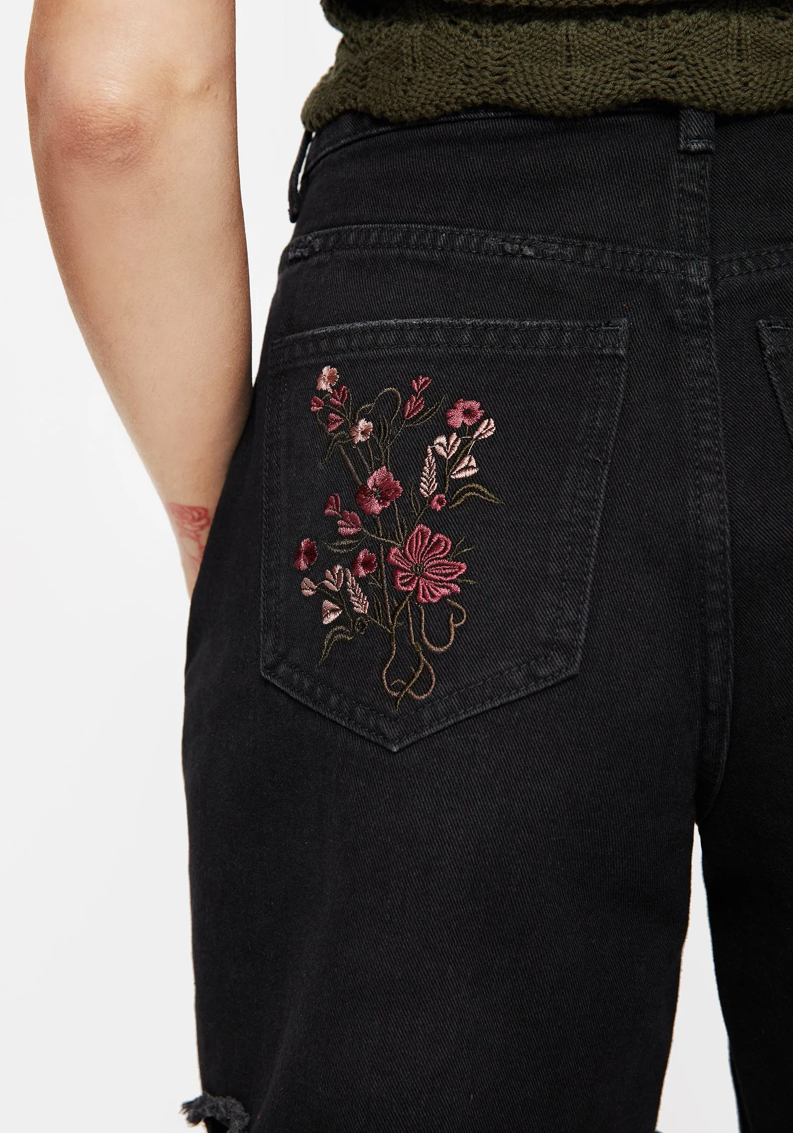 Aster Floral Embroidered Mid Length Denim Shorts ethnic style