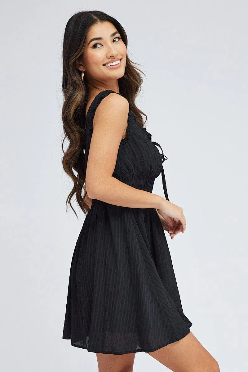 Black Fit and Flare Dress Sleeveless Waist Shirred Street Style OrganicCotton