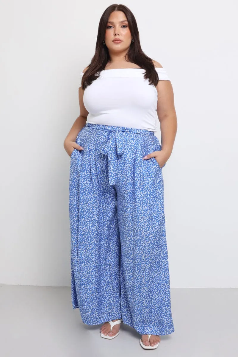 Stylish Appearance All Use Blue Ditsy Tie Waist Wide Leg Pants