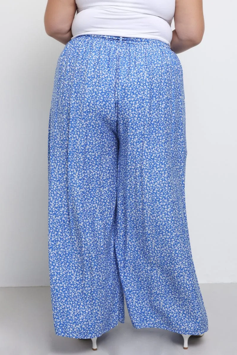 Active Comfort Fit Blue Ditsy Tie Waist Wide Leg Pants