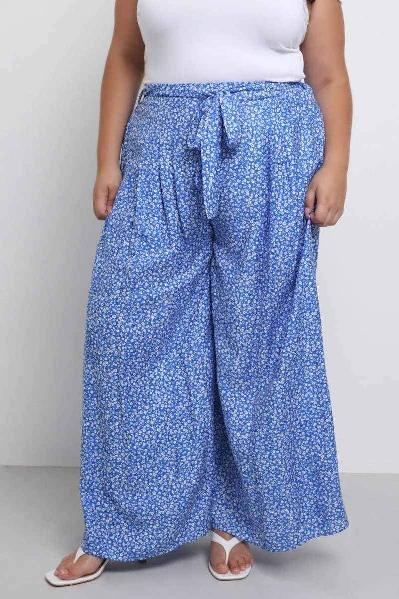 Fitted waist SnagFreeFabric Blue Ditsy Tie Waist Wide Leg Pants