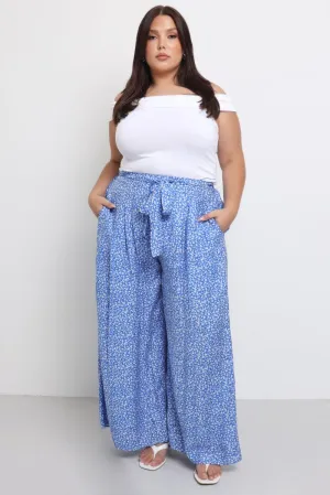 Stylish Appearance All Use Blue Ditsy Tie Waist Wide Leg Pants