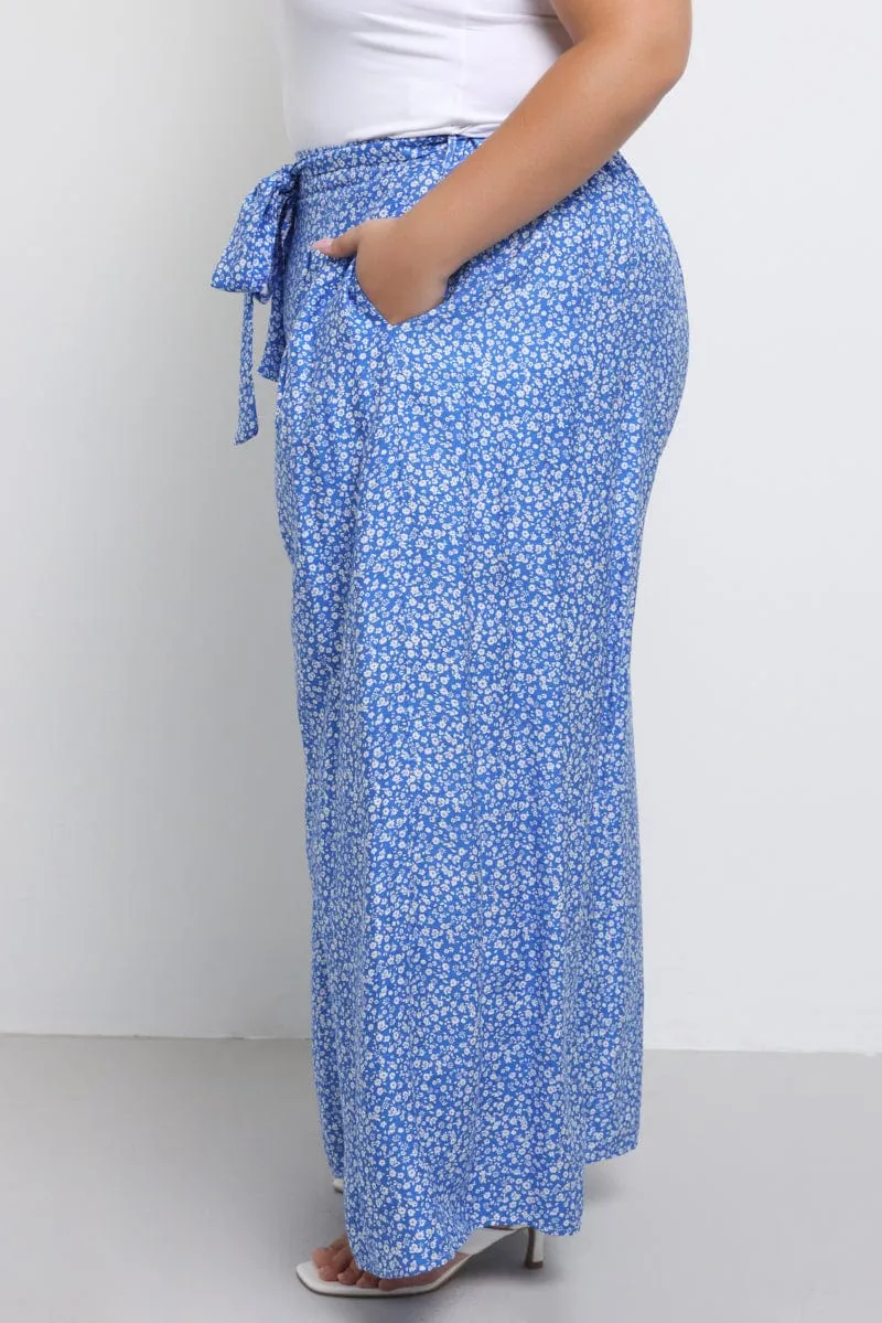 Blue Ditsy Tie Waist Wide Leg Pants Cozy Stretch