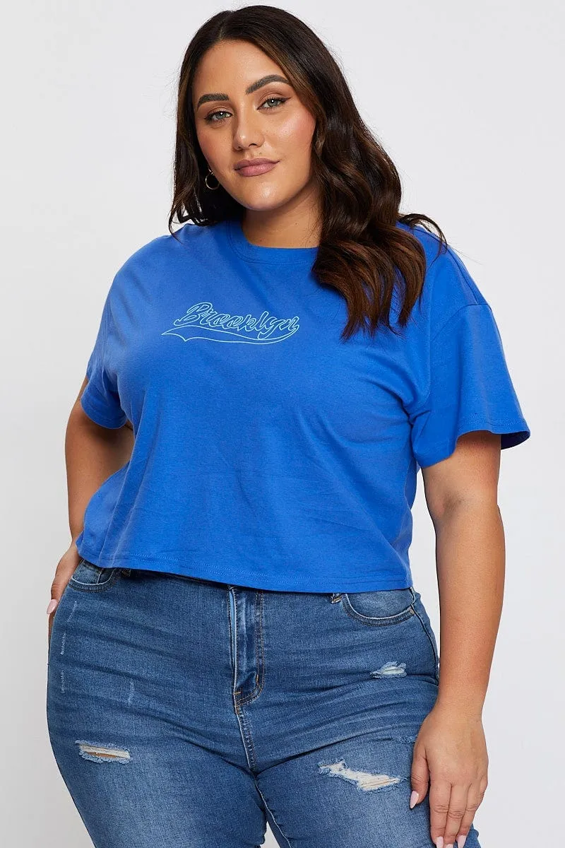 in demand Stylish and Comfortable Mid Blue Graphic T-shirt Brooklyn Crew Neck Short Sleeve