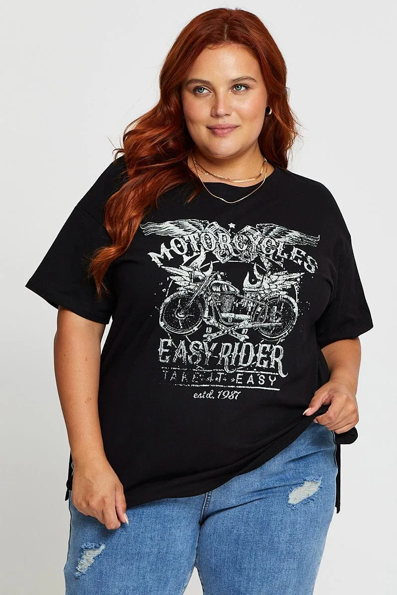 Black Graphic T-shirt Easy Ride Short Sleeve Cotton All-Purpose Comfort Urban Smart