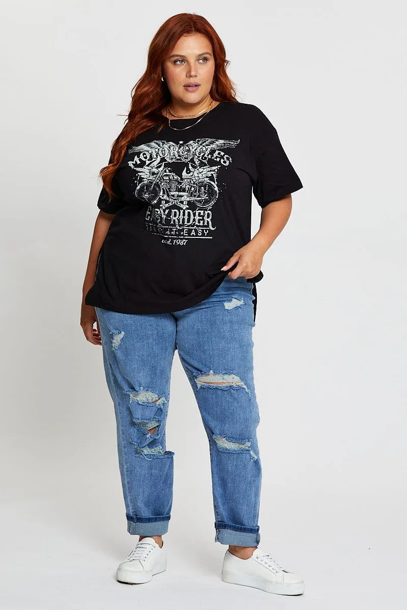 Everyday Layering Black Graphic T-shirt Easy Ride Short Sleeve Cotton