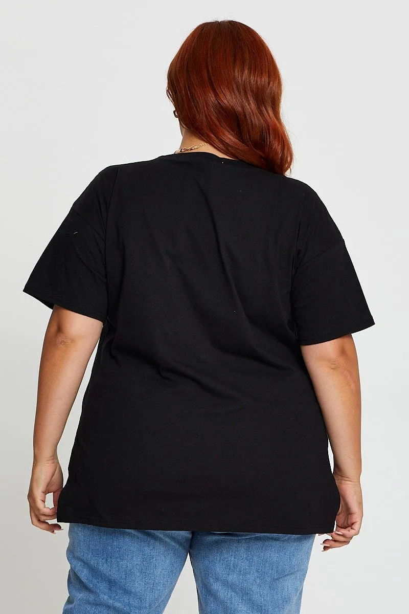 Black Graphic T-shirt Easy Ride Short Sleeve Cotton Quick Release Hem