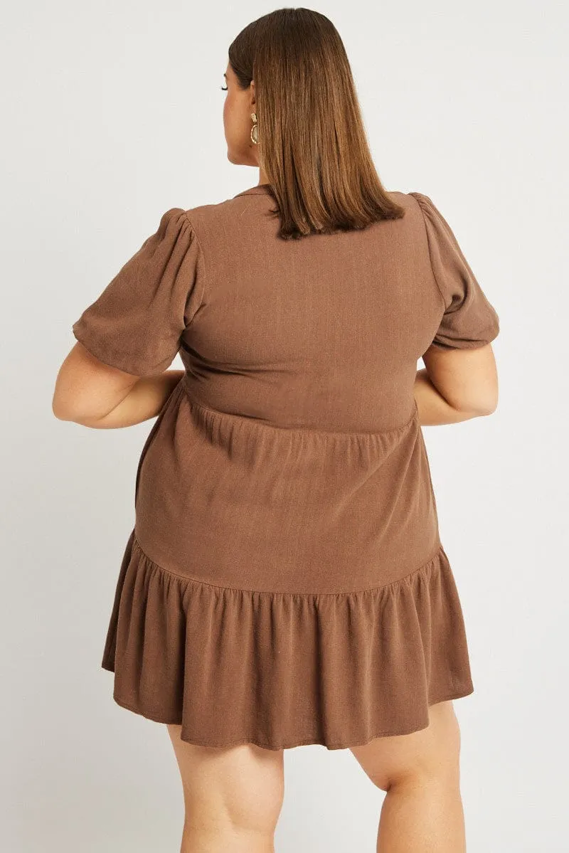 Brown Button Through Mini Dress Nehru Collar Linen Blend elegant design Easy-to-wear mini gown