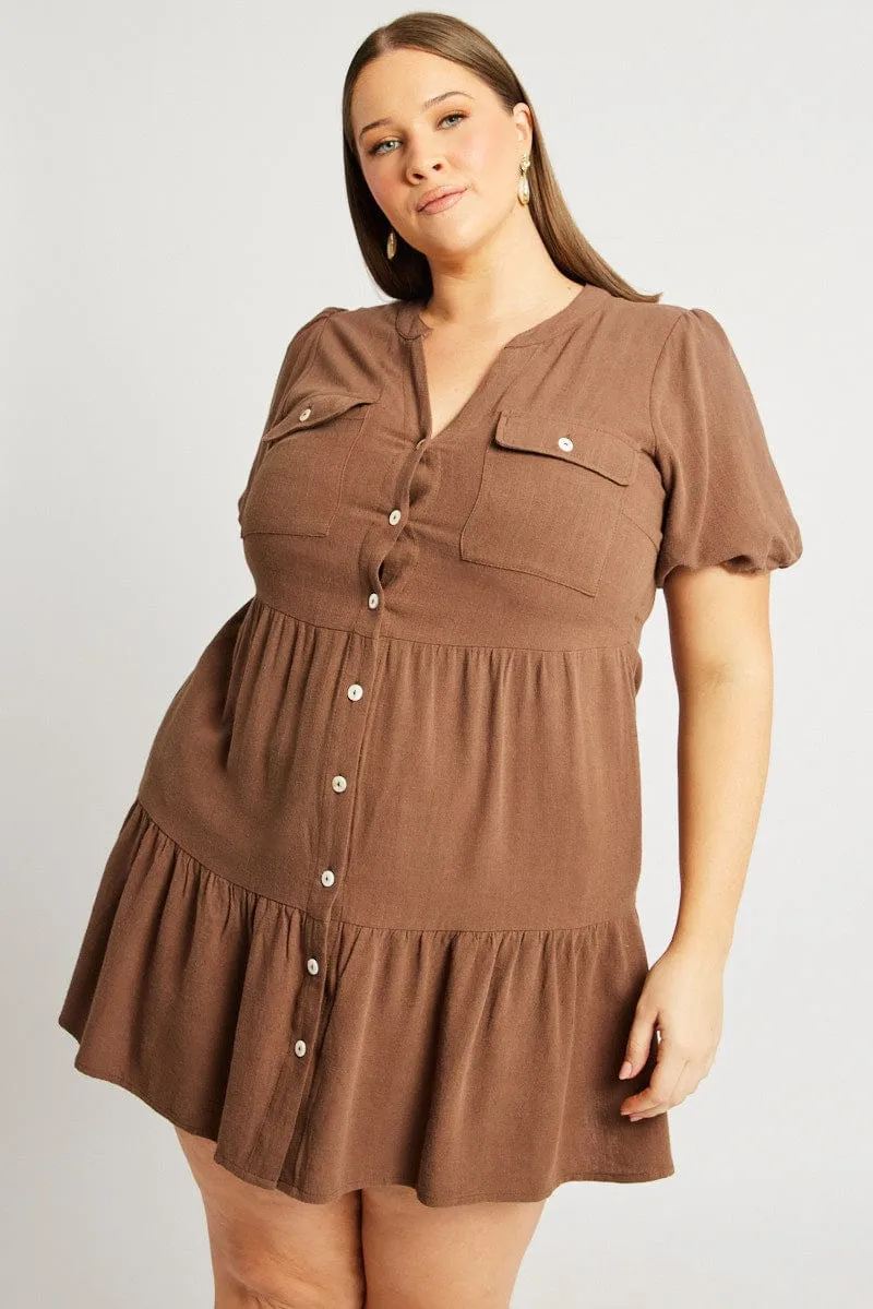 Brown Button Through Mini Dress Nehru Collar Linen Blend Evening Glow Tear Resistant Weave