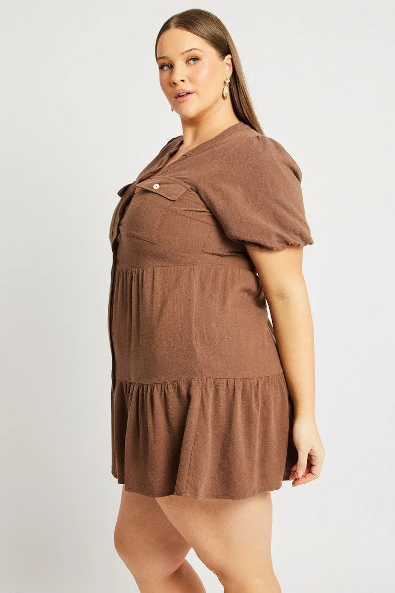Model Off Brown Button Through Mini Dress Nehru Collar Linen Blend