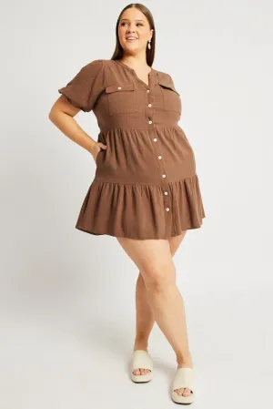 Comfortable party dress Brown Button Through Mini Dress Nehru Collar Linen Blend