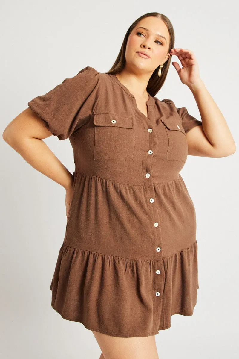 Easy Fit Brown Button Through Mini Dress Nehru Collar Linen Blend