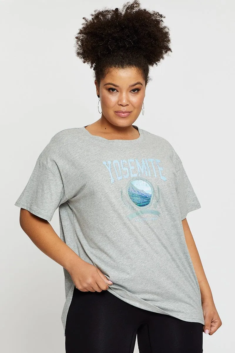 Grey Graphic T-shirt Yosemite Short Sleeve Cotton Cozy Layering