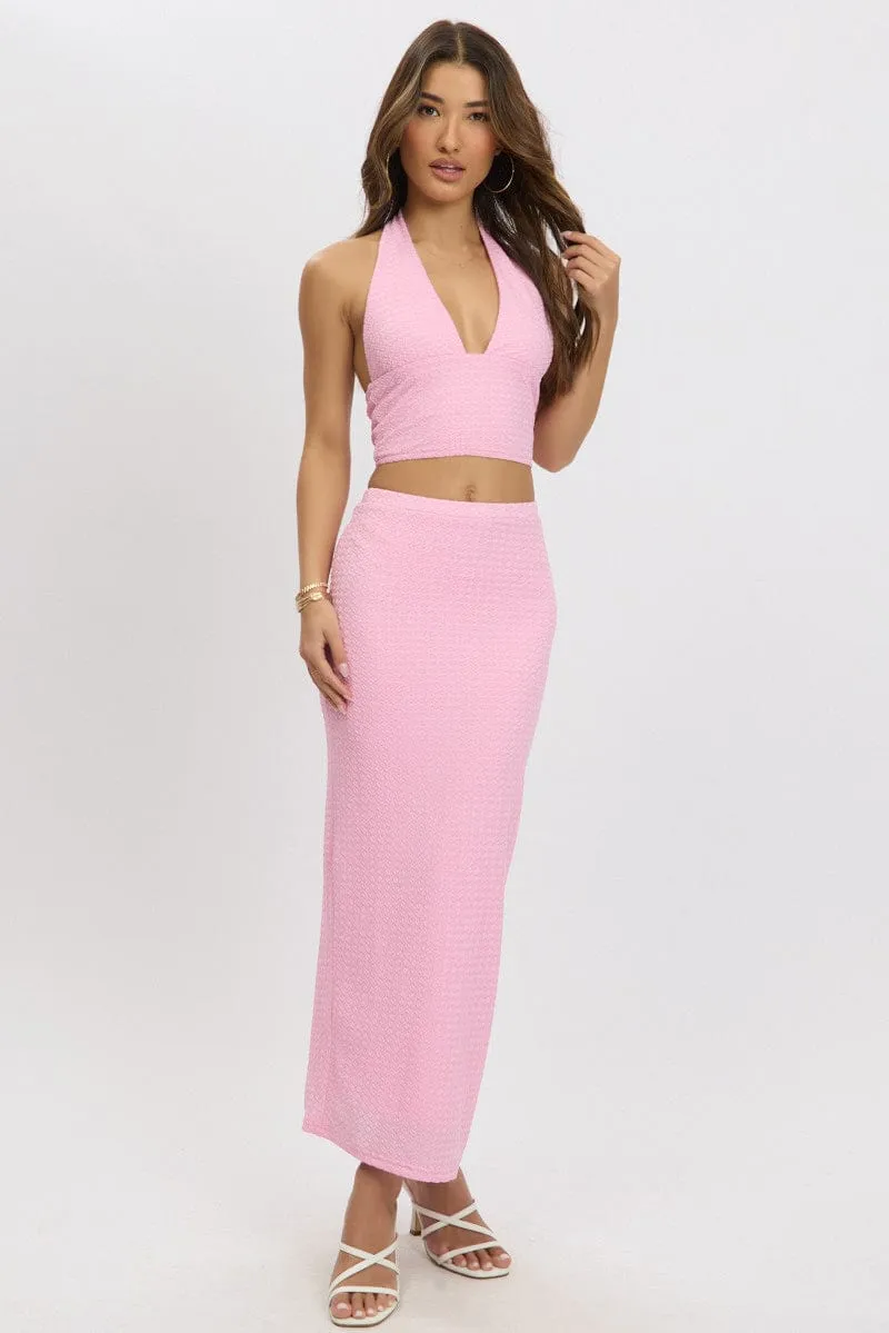Pink Midi Skirt High Rise Textured Jersey Comfort Wear