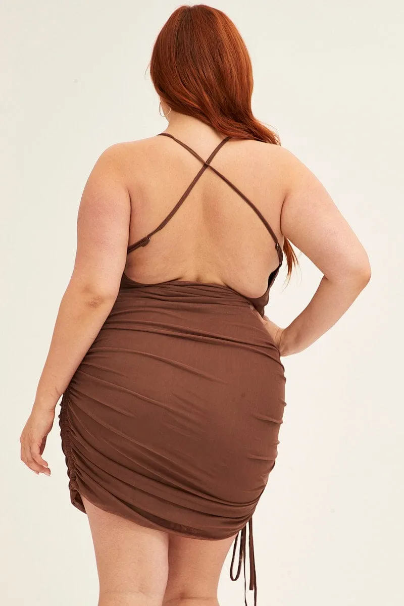 Edge Glow Bold Twist Brown Mini Dress Cross Back Ruched Bodycon Mesh
