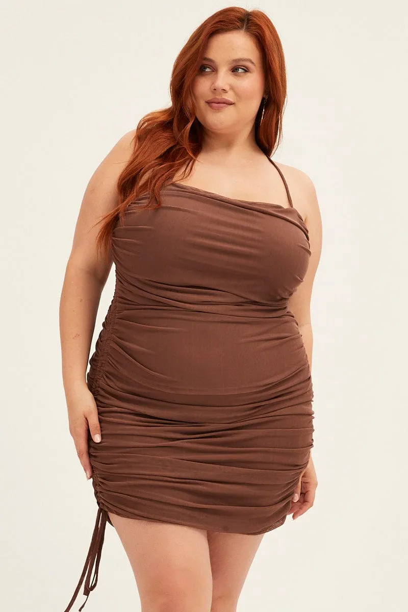 Brown Mini Dress Cross Back Ruched Bodycon Mesh Thermal Insulation Layer