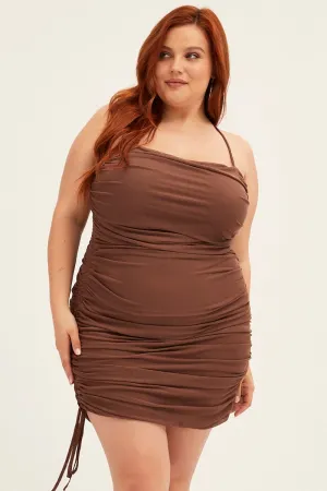 Brown Mini Dress Cross Back Ruched Bodycon Mesh Thermal Insulation Layer