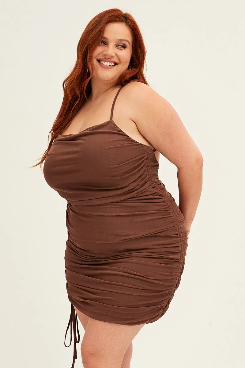 Brown Mini Dress Cross Back Ruched Bodycon Mesh Fresh Twist Easy Look