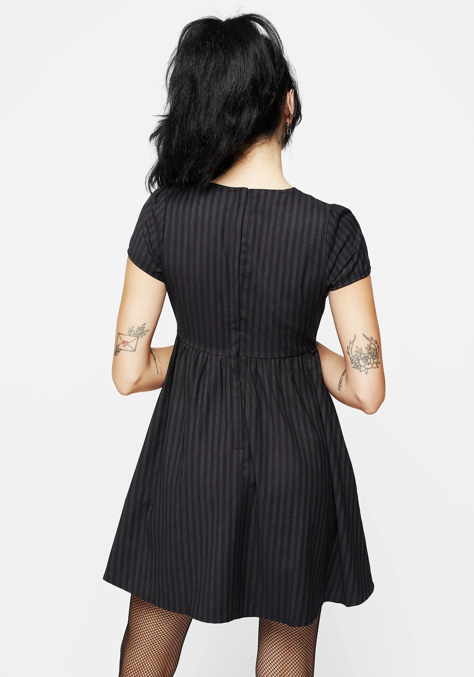 Scalloped Edge Detailing Show Pop Deceased Embroidered Striped Mini Skater Dress
