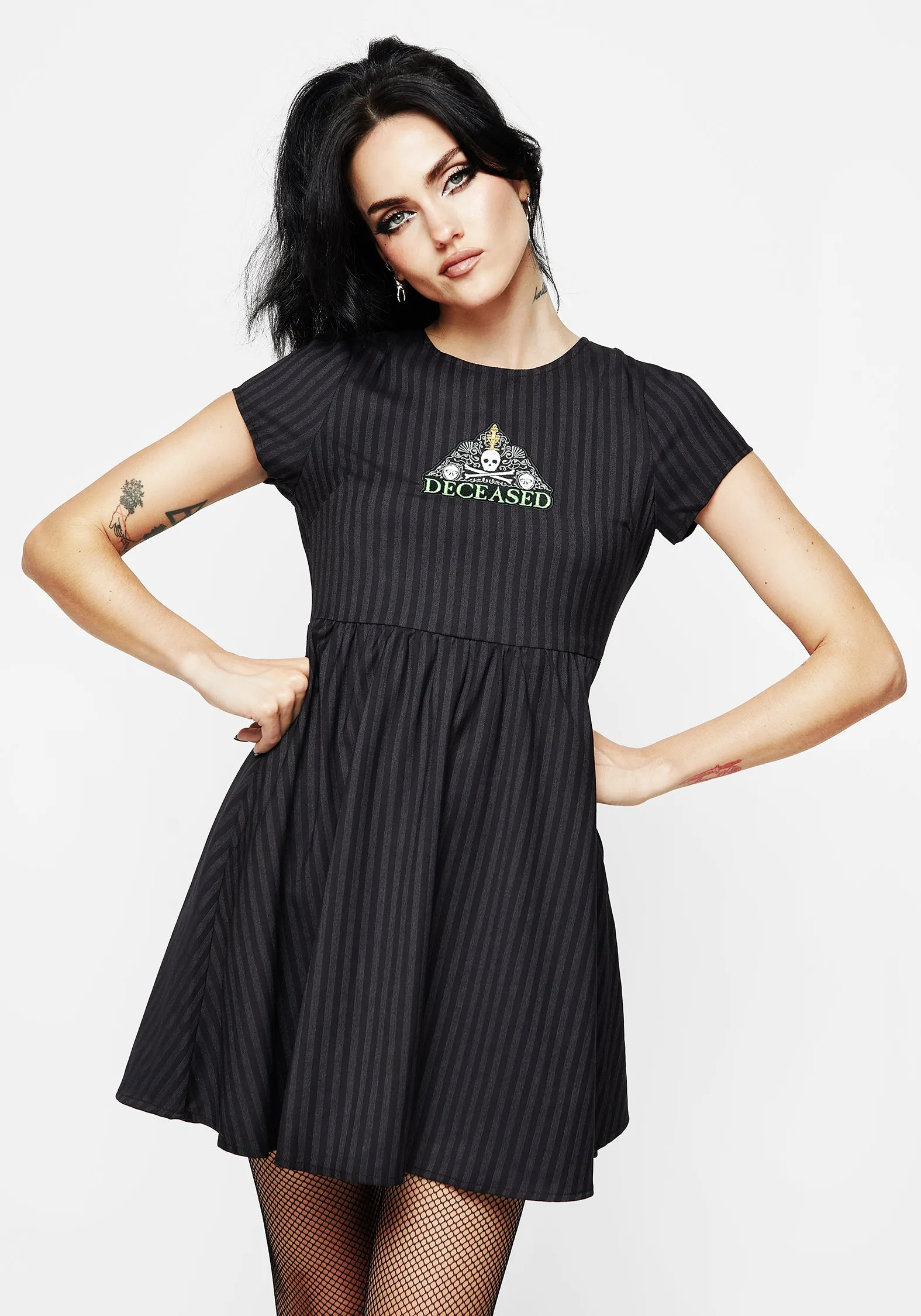 Fun Beat Deceased Embroidered Striped Mini Skater Dress