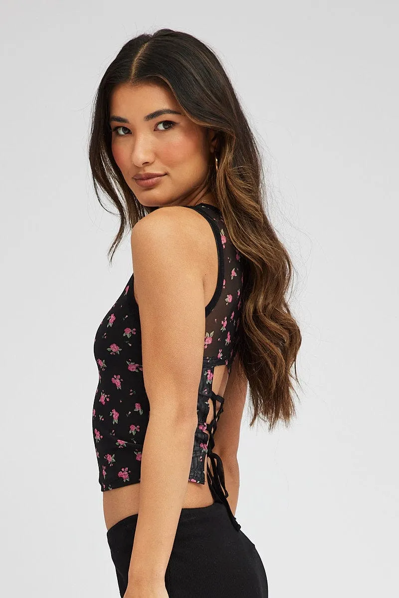 Black Floral Mesh Tank Sleeveless Weatherproof Soft Inner Lining