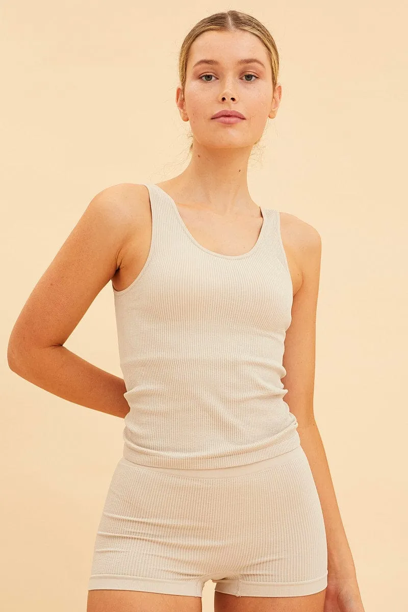 Beige Bone Seamless Tank Full Length Sleeveless Soop Neck AI Core