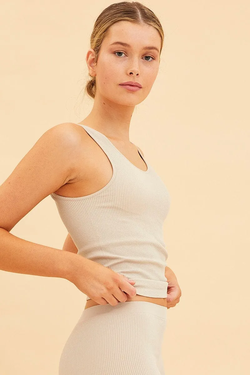 Resort Mood Mind Ease Beige Bone Seamless Tank Full Length Sleeveless Soop Neck