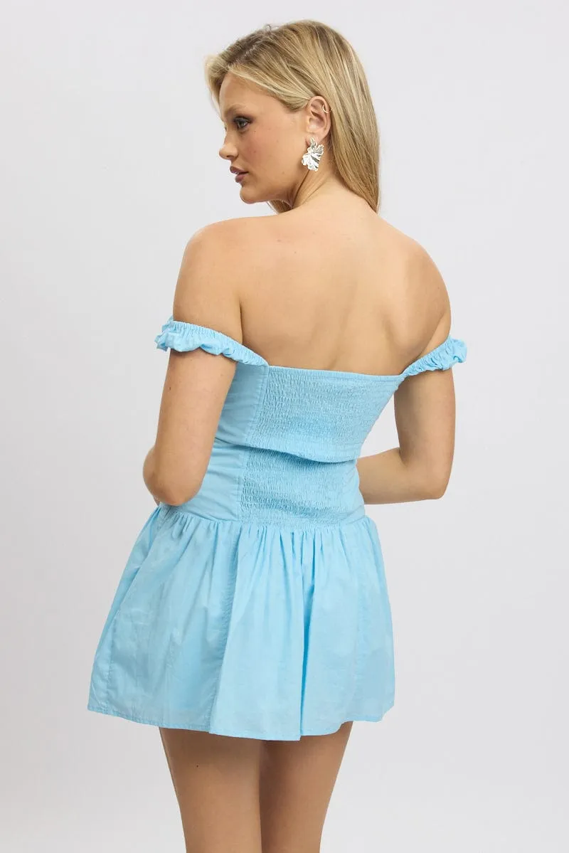 Trendy Look Blue Fit And Flare Dress Drop Waist Mini Poplin