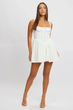 White Fit And Flare Dress Corset Detail Mini Flexible Material Graceful Design