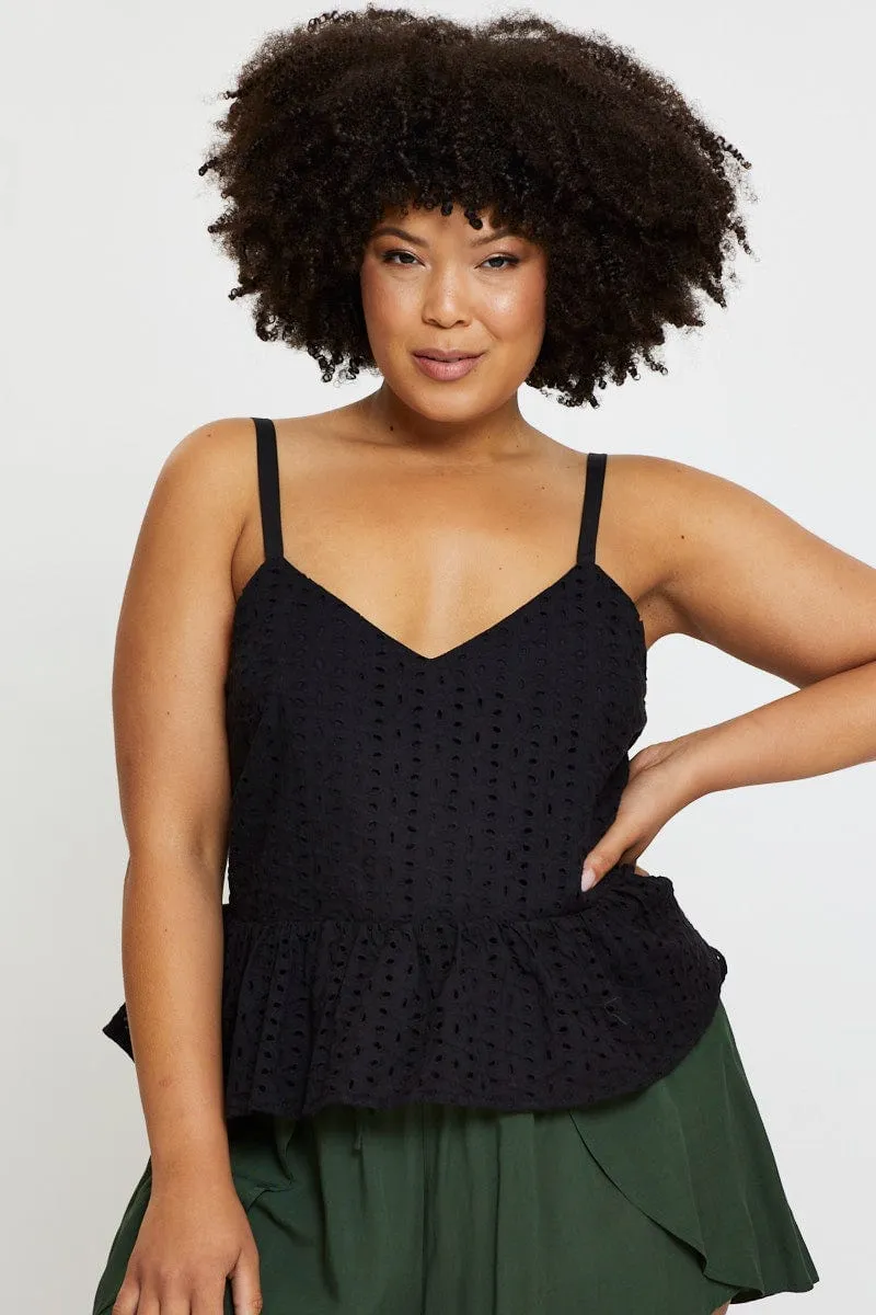 Black Peplum Top Sleeveless Broderie Effortless Design Match Fit