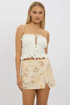 Seamless Design Beige Abstract Mini Skort Skirt High Rise Linen Blend Lined