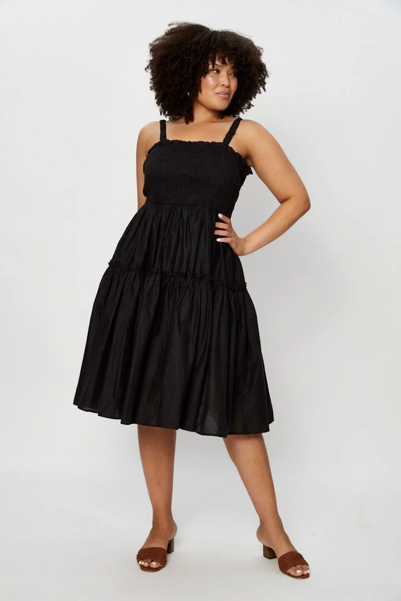 Stylish Casual Elegant fit for formal occasions Black Midi Dress Square Neck Sleeveless