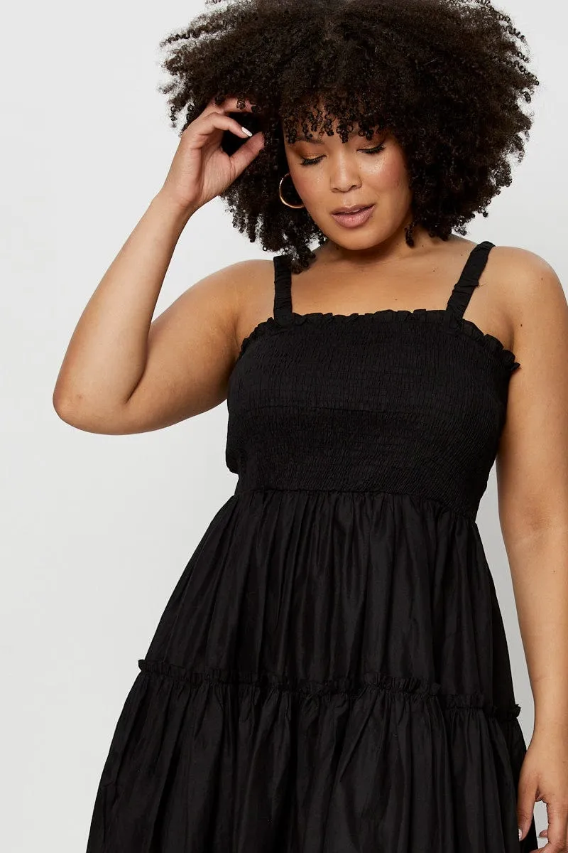 Black Midi Dress Square Neck Sleeveless Drizzle Sky