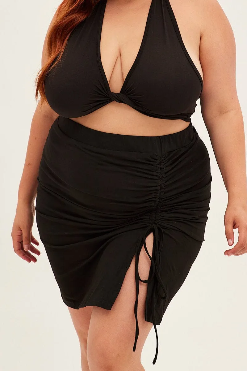 Lightweight texture Black Midi Skirt Bodycon Drawstring Front Jersey