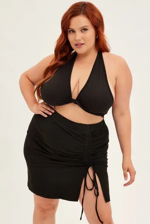 Black Midi Skirt Bodycon Drawstring Front Jersey Business Meeting Effortless Feel