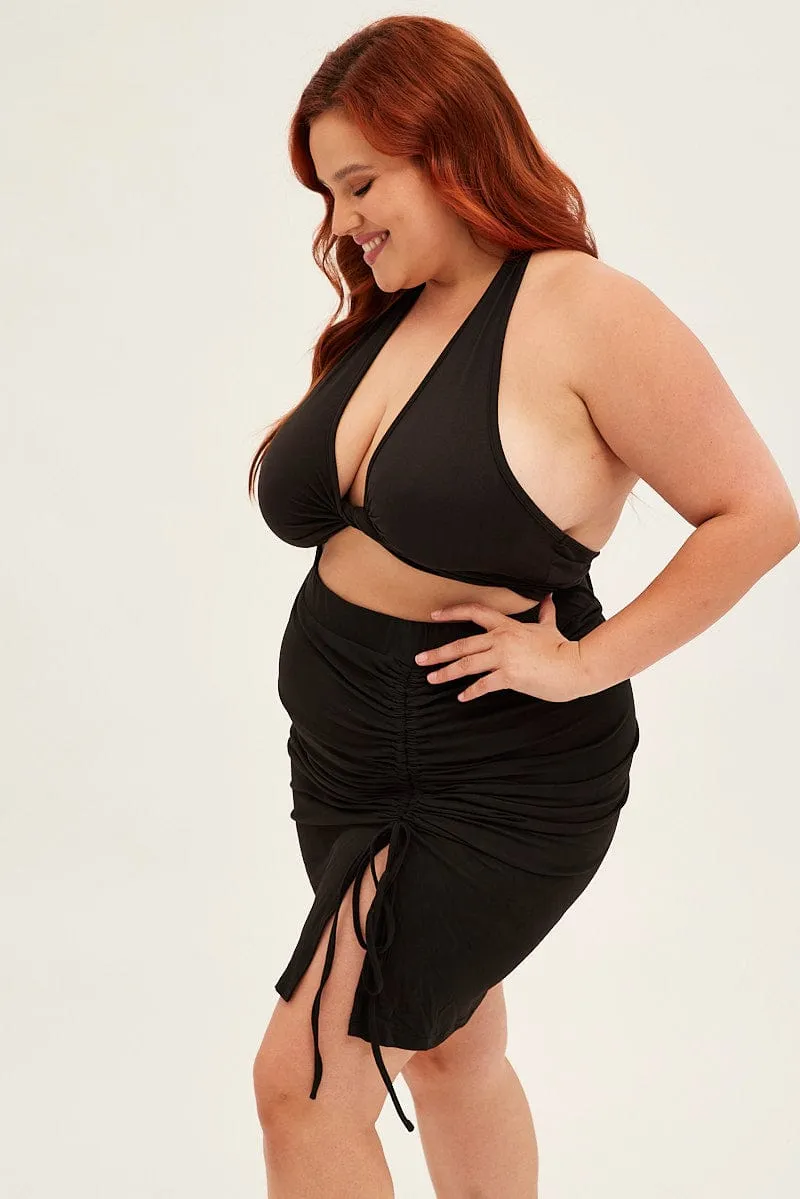 Black Midi Skirt Bodycon Drawstring Front Jersey Soft Vibe Tonal Look