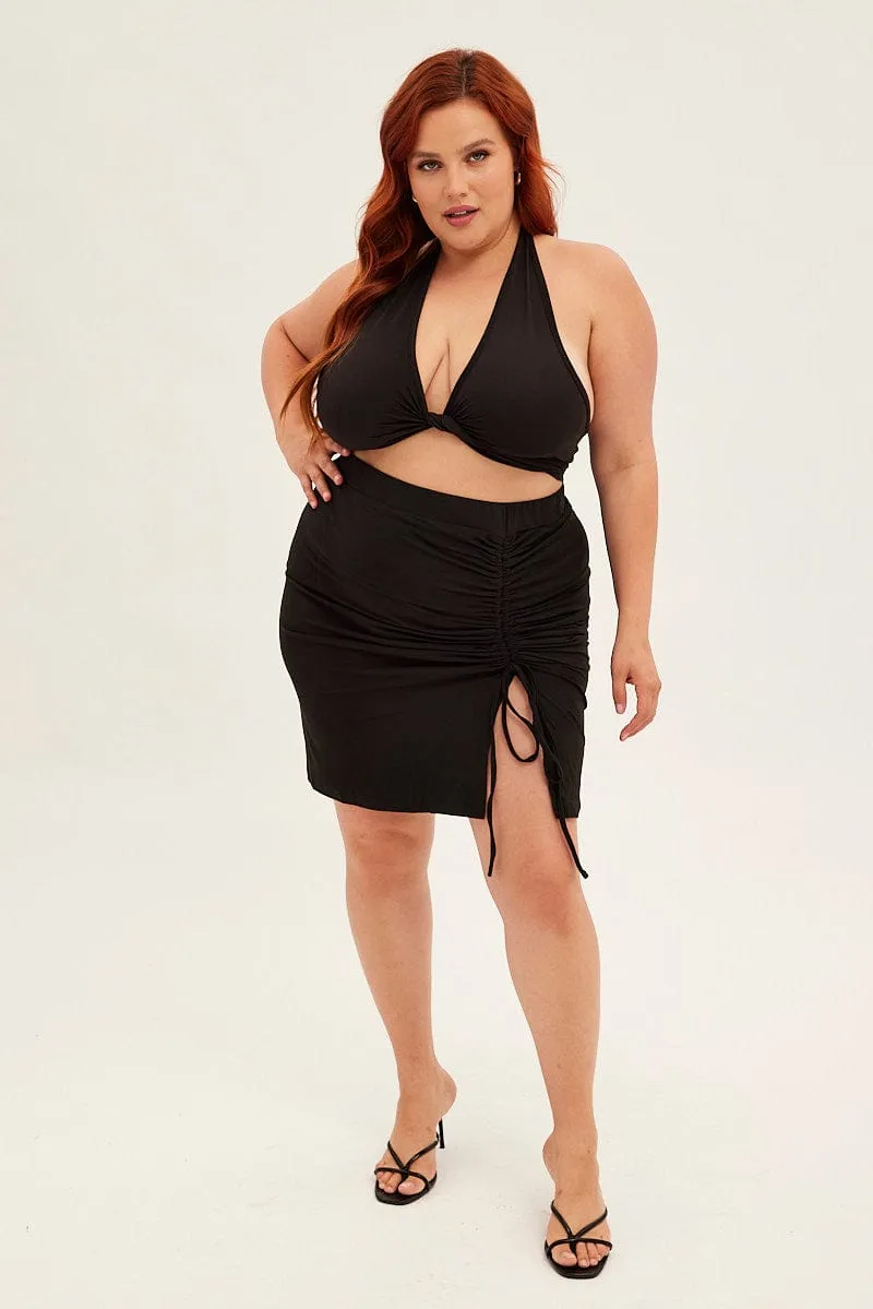 Black Midi Skirt Bodycon Drawstring Front Jersey casual finish Outfit Combo