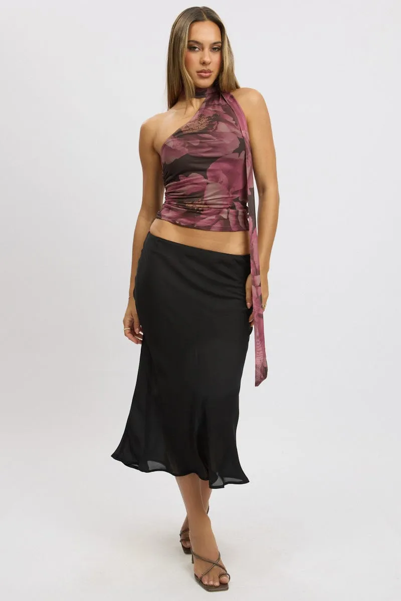 Sporty Edge Tiered Layers Black Slip Skirt High Rise Midi Picot Trim