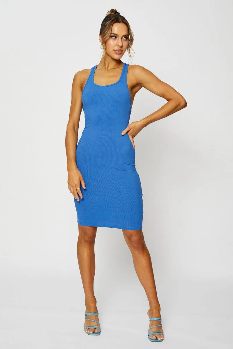 Walk Light Knit Blend Fabric Blue Bodycon Dress Mini