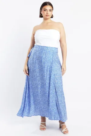 Blue Ditsy Wrap Maxi Skirt Lightweight Fabric