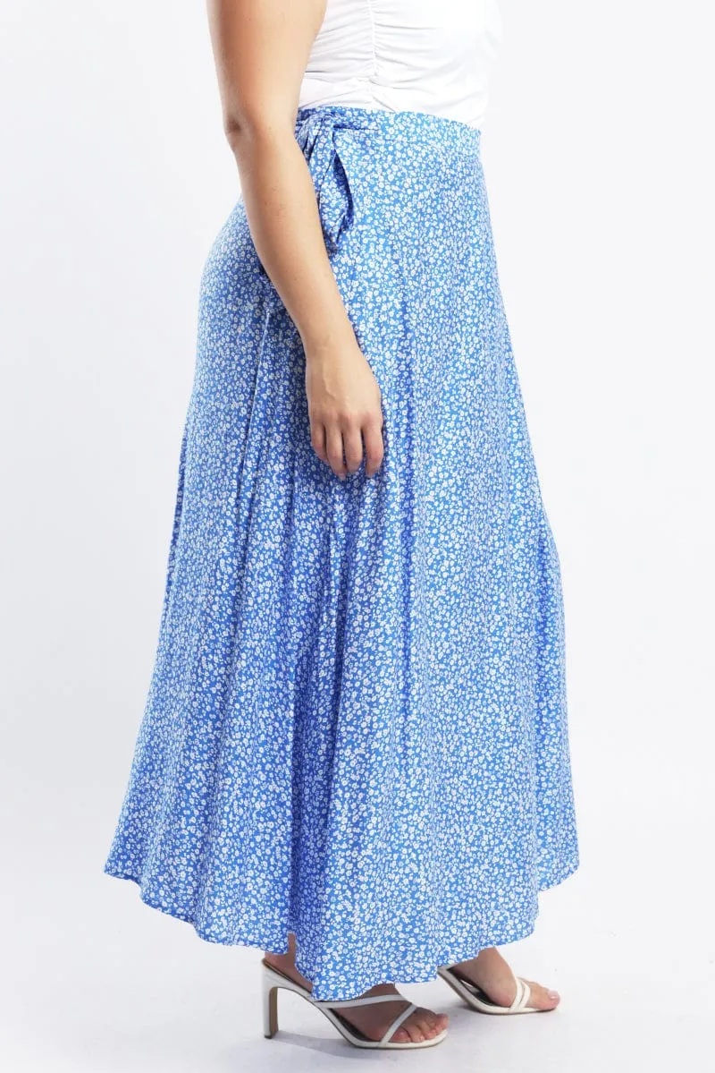 Luxury Finish Blue Ditsy Wrap Maxi Skirt