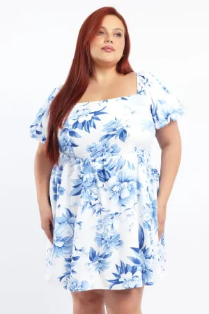 Casual Fit Look Hot Star Blue Floral Puff Sleeve Mini Dress