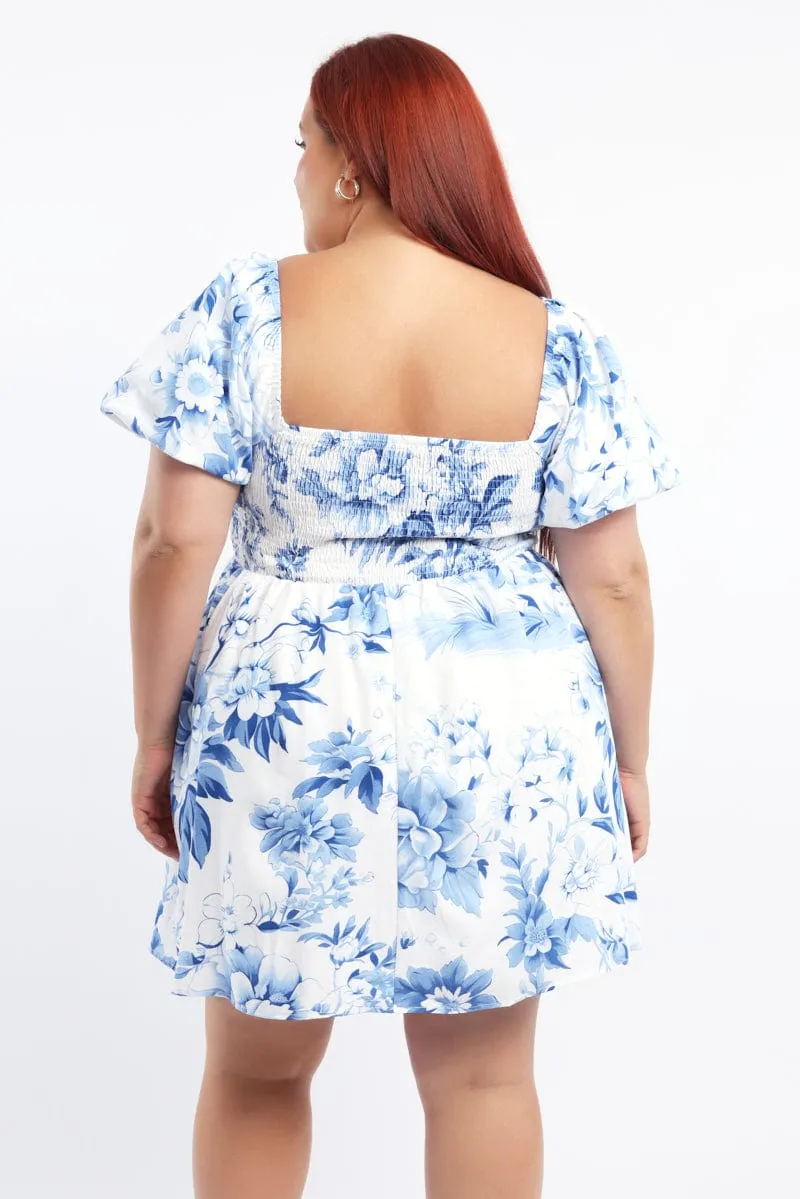 Blue Floral Puff Sleeve Mini Dress Day-to-evening versatile mini