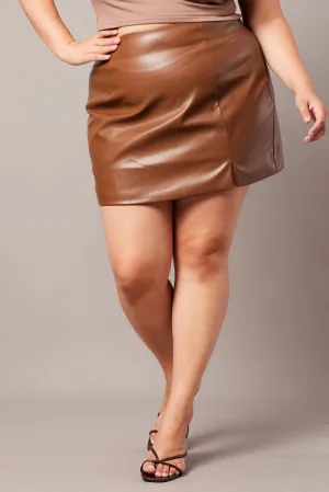 Wrinkle Resistant Finish Brown Faux Leather Split Front Mini Skirt