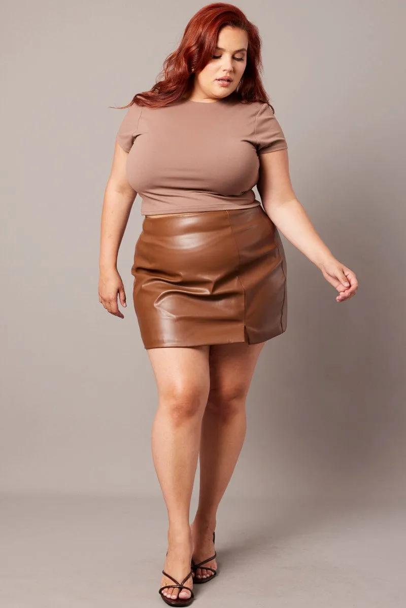 Brown Faux Leather Split Front Mini Skirt Bold Details Button Details