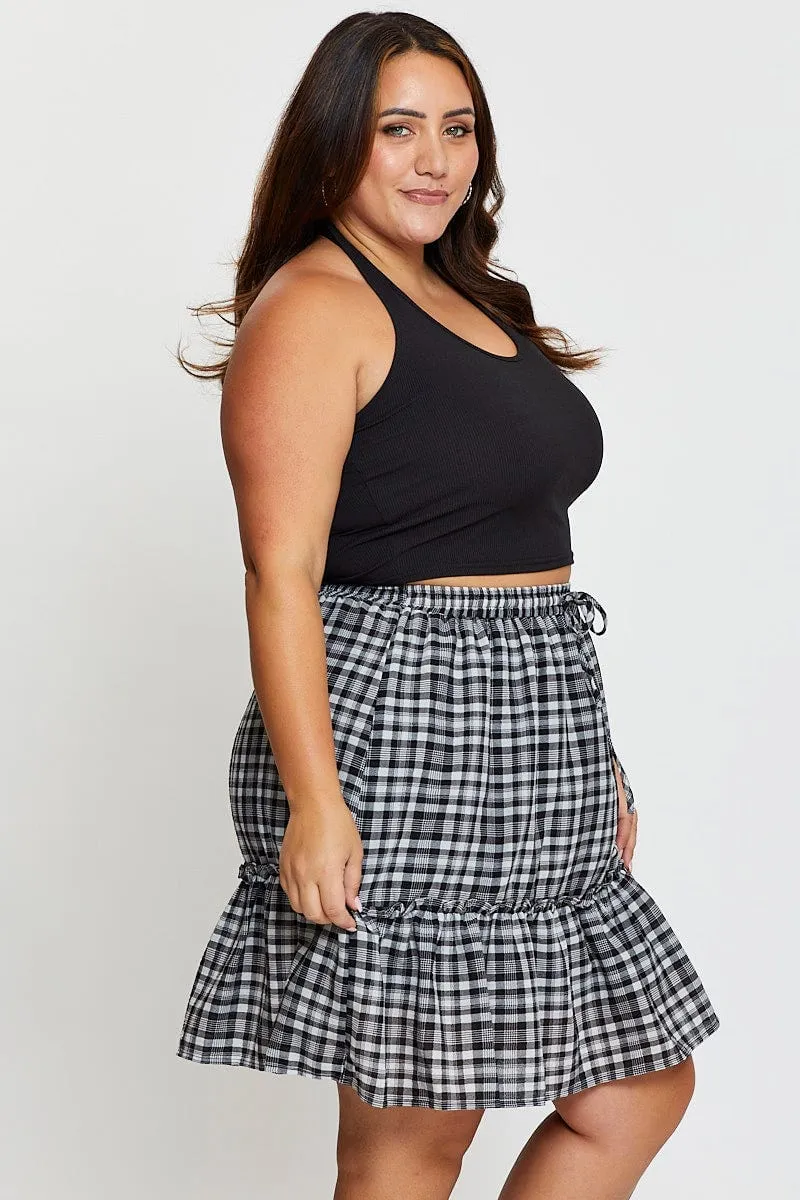 Check Mini Skater Skirt Elastic Waist Soft Styling Hemp Blend