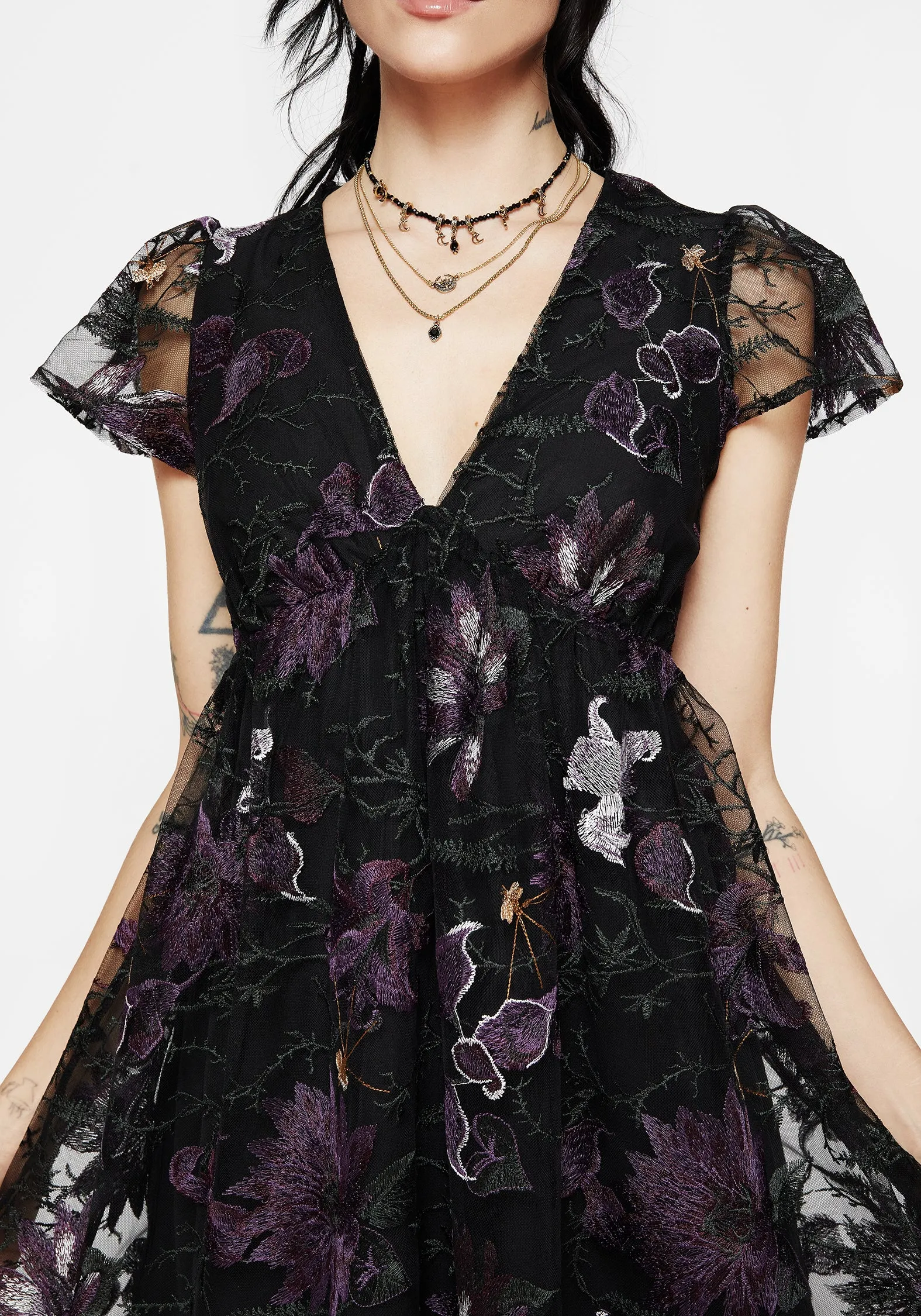 and Versatile evening mini dress. Estrid Embroidered Mesh Flute Sleeve Mini Dress