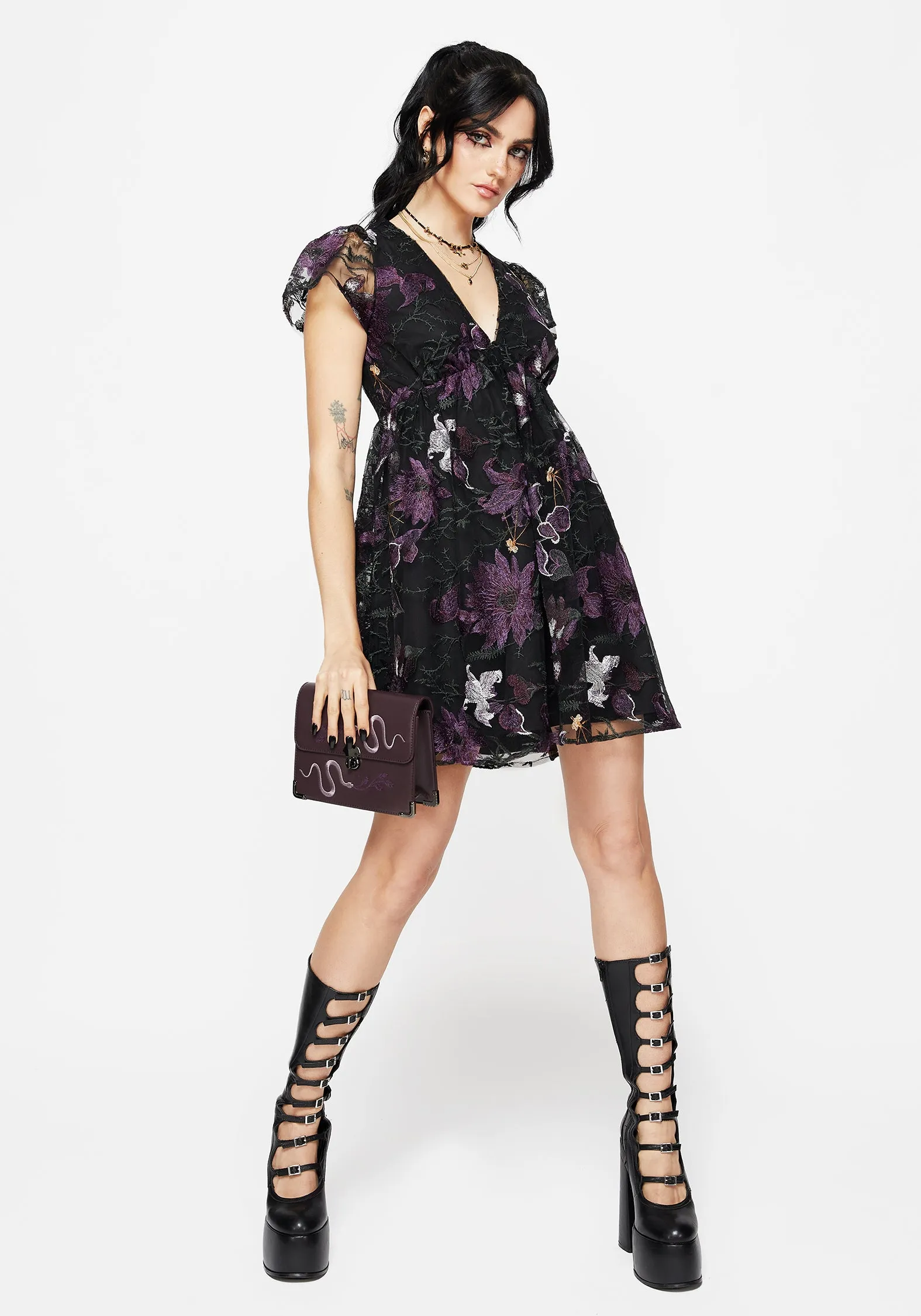 Fun Twist Estrid Embroidered Mesh Flute Sleeve Mini Dress
